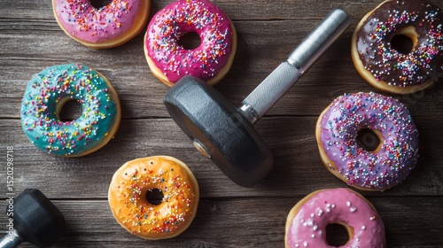 Colorful donuts and dumbbells on rustic wood; temptation, diet, fitness concept.