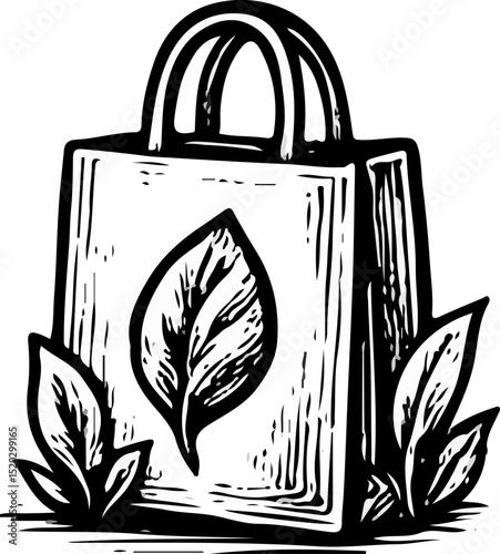 Hand-drawn tote bag with leaf icon representing sustainable lifestyle and reusable products