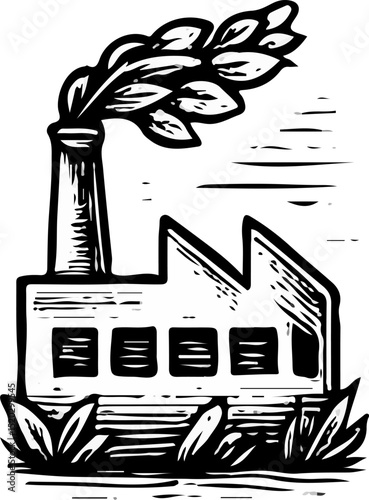 Hand-drawn eco-friendly factory emitting leaf-shaped smoke, representing green industry