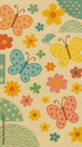 Wallpaper Mural Colorful butterflies and flowers in a whimsical, flat design. Top-down angle, reminiscent of a playful animation video style. Live mobile wallpaper. Torontodigital.ca