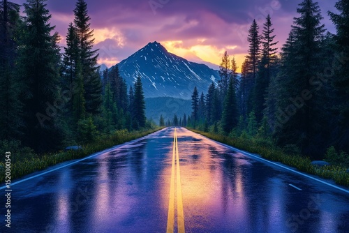 Majestic Mountain Road Trip Adventure. Explore Scenic Alpine Landscapes at Sunset