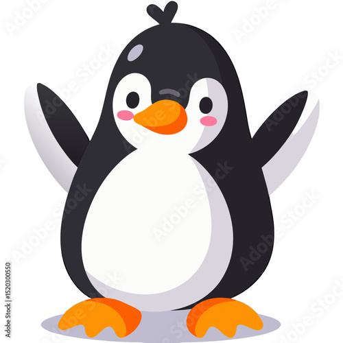 Cartoon Penguin Waving with Orange Feet and Pink Accents