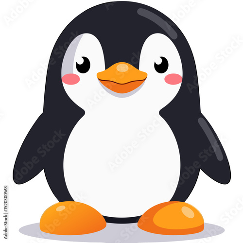 Cartoon Penguin with Orange Beak and Feet Standing on Ice