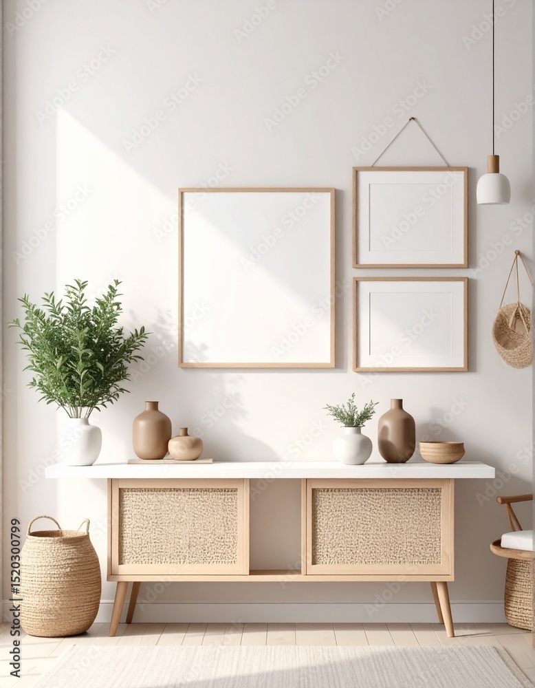 Fototapeta premium Bright Interior Wall with Minimalist Decor and Empty Frame for Mockup