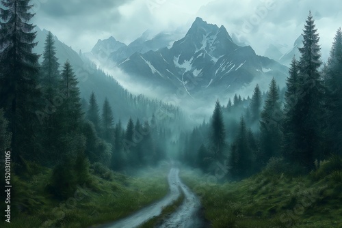 Majestic Misty Mountain Landscape with Lush Forest and Scenic Road. Explore Nature's Tranquil Wilderness