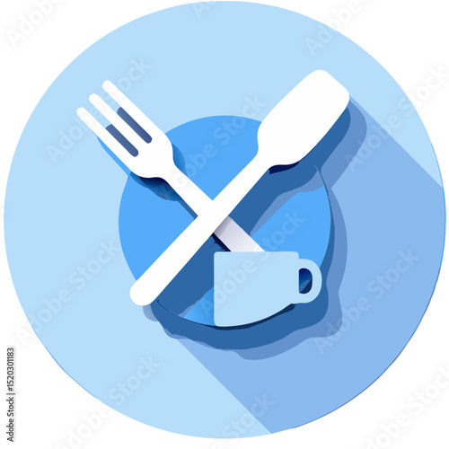 Blue Icon Featuring Fork Spoon and Cup on a Circular Background