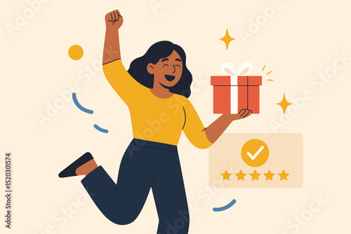 Joyful woman celebrating with gift, achieving five-star customer satisfaction. Success, reward, positive feedback, bonus program concept. Winner jumping happily. Vector illustration for business.