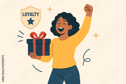 Happy woman celebrating customer loyalty program success, holding gift box. Reward, appreciation, bonus, achievement illustration. Marketing promotion concept for client retention and satisfaction.