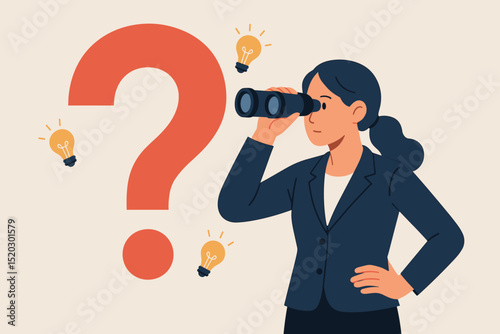 Innovative idea search: Businesswoman with binoculars looking for solutions. Creative thinking, problem-solving, business strategy, opportunity, vision, inspiration, and discovery concept.
