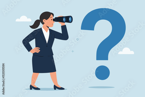 Businesswoman with binoculars searching for innovative ideas, answers, solutions. Concept: problem-solving, opportunity seeking, research, vision, future strategy, curiosity, question mark.
