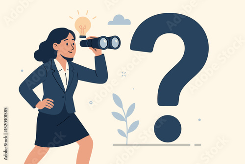 Businesswoman looking for answers. Innovative idea search with binoculars and question mark. Problem solving, solution, strategy, research, curiosity, corporate vision, opportunity.