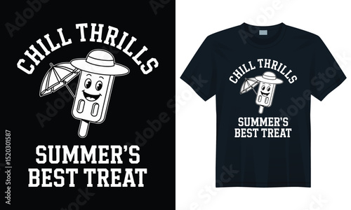 Playful popsicle cartoon with hat, umbrella and wave accents in chill thrills summer t-shirt design