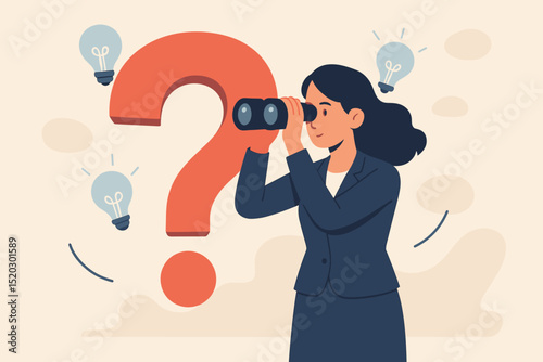 Innovative idea search concept. Businesswoman with binoculars looks through question mark for solutions and strategy. Lightbulbs symbolize creativity, vision, discovery, insight, and problem-solving.
