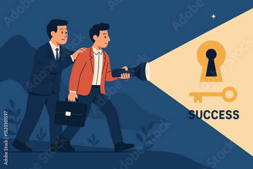 Business mentorship concept. Leader guiding employee with flashlight towards keyhole, symbolizing success, career opportunity, and achievement. Teamwork finding solutions, path to goals.