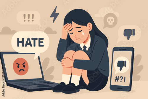 Cyberbullying victim: Sad student girl crying, overwhelmed by online hate speech and harassment. Teenager facing depression, mental health issues from internet bullying. Laptop, phone messages.