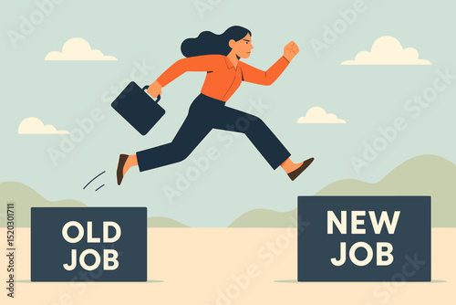 Career leap forward concept. Businesswoman jumping from old job to new job. Metaphor for career change, new opportunity, ambition, progress, and professional growth. Success. Vector.