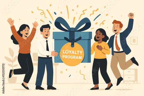 Loyalty program celebration with diverse happy people receiving a gift box. Customer retention, employee recognition, and appreciation rewards concept. Bonus and incentive marketing illustration.
