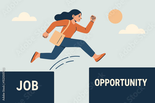Career leap forward concept. Woman jumping from current job to new opportunity. Business ambition, professional growth, taking chances, motivation for success, employee development, job change.