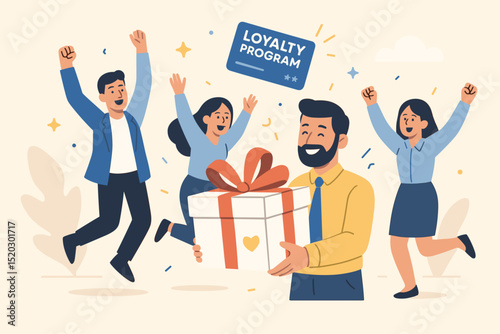 Customer loyalty program celebration with people cheering for rewards. Man presenting gift box, happy clients. Bonus points, marketing promotion, customer retention and appreciation.