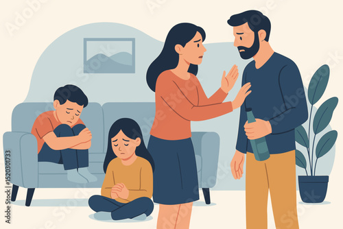 Family crisis alcoholism: Distressed wife confronts husband with alcohol bottle as sad children witness conflict. Illustrates addiction, substance abuse, domestic issues, intervention, support.