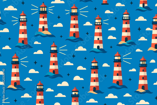 Nautical Lighthouse Pattern Vector Background with Beams, Waves, and Clouds for Coastal, Maritime, and Travel Designs