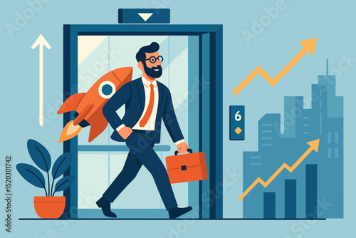 Startup launch success metaphor. Businessman with rocket in elevator, symbolizing rapid career growth and business development. Entrepreneur ambition, professional journey, fast track progress vector.