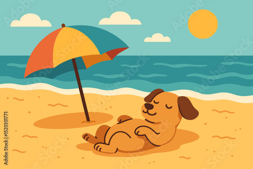 Cute cartoon dog relaxing on a sunny beach under an umbrella. Summer vacation, pet animal enjoying holiday by the seaside. Happy puppy sunbathing on sand near ocean. Peaceful canine leisure.