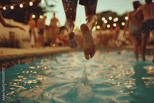 A person jumps into a swimming pool at an outdoor party with string lights illuminating the scene.
