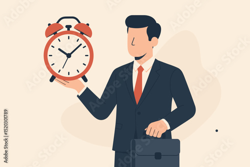 Businessman holding alarm clock symbolizing deadline management. Professional time management, productivity, and efficiency concept. Corporate project planning and scheduling with alert reminder.