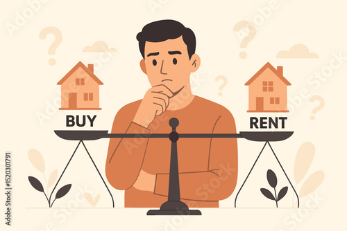 Property decision dilemma: Man weighs buy vs rent options for house on scales. Real estate investment, home ownership or leasing choice. Financial comparison concept illustration.