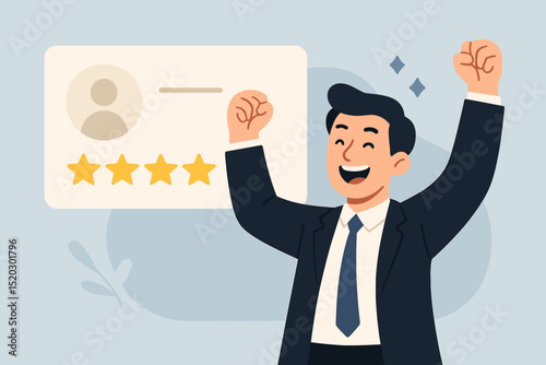 Businessman celebrating excellent five star rating. Positive customer review, feedback success concept. Achievement, client satisfaction, top service quality, professional triumph, happy employee.