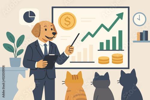 Dog financial advisor presenting growth chart to cat audience at business seminar. Pet investment strategy and market analysis illustration with professional animal characters in office setting.