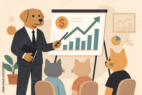 Business training with animal characters: Dog presenting financial growth charts to cat audience in a workshop setting, illustrating investment and success concepts.