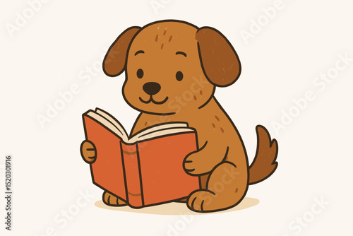 Cute cartoon dog reading a book. Adorable puppy character illustration for children's education, learning, and literature. Smart pet studying, gaining knowledge. Whimsical animal mascot.