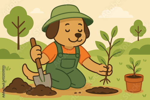 Cute cartoon dog character planting tree sapling in garden. Environmental conservation, reforestation. Happy puppy gardening outdoors with shovel. Vector illustration for nature, spring, eco-friendly.