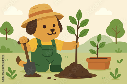 Cute dog planting tree. Cartoon puppy gardener character with shovel, sapling. Environmental conservation. Ecology, reforestation, nature growth concept. Gardening, sustainability, volunteer work.