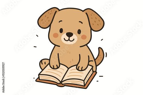Cute cartoon dog reading a book. Adorable puppy character studying, learning, gaining knowledge from literature. Pet animal education concept. Vector illustration for children, schools, libraries.