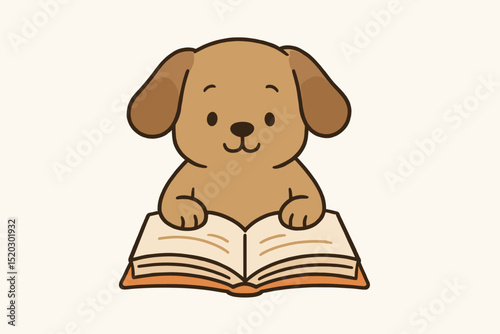 Adorable dog reading book. Cute puppy character engrossed in study, learning, and education. Whimsical pet animal vector illustration for children, school, library, and knowledge concepts.