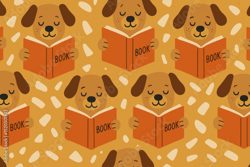 Dogs reading books seamless pattern. Cute puppy characters. Studying literature, education, learning. Animal cartoon background. Pet illustration for library, textile, wallpaper, nursery decor.
