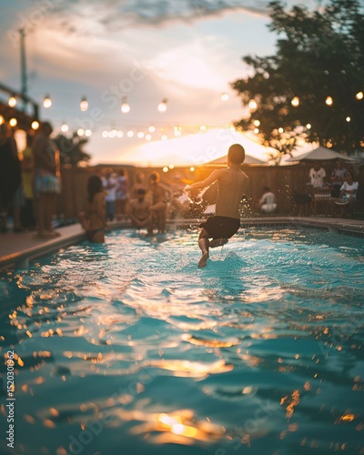 A young boy jumps into a swimming pool during a vibrant summer evening party with string lights and a beautiful sunset.
