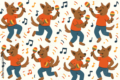 Joyful dancing dog musician seamless pattern. Cute cartoon canine character playing maracas at a fiesta. Festive animal band with musical notes. Fun pet party background illustration for kids.