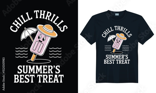 Funny summer popsicle character wearing a hat and holding an umbrella with chill thrills quote design