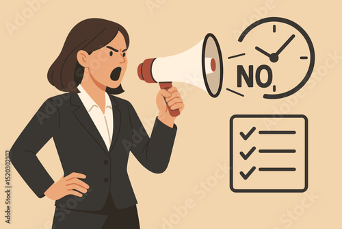 Assertive businesswoman shouting NO with megaphone. Concept of setting boundaries, deadline pressure, time management, refusing overwork. Leadership, stress, checklist, corporate protest.
