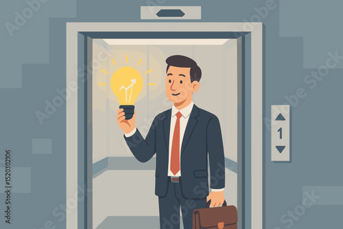 Elevator pitch success. Businessman with glowing lightbulb idea, upward growth arrow. Startup innovation, career opportunity, business strategy for financial achievement and project development.