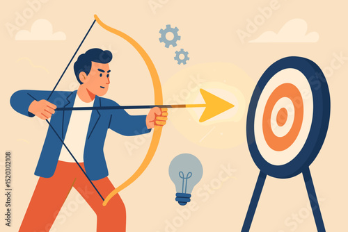 Innovative Business Strategy: Aiming for Success with Creative Solutions and Precise Targeting. Achieving Goals through Focus, Ideas, and Effective Mechanisms. Vector Illustration.