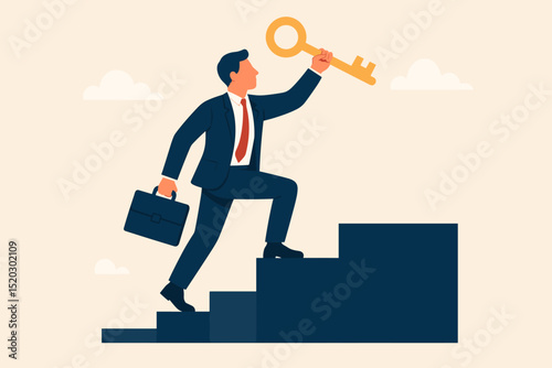 Businessman climbing stairs with golden key, a metaphor for success, progress, achievement, career growth, business development, challenge, opportunity, personal growth, ambition, future, goals