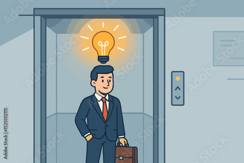 Businessman in elevator with lightbulb idea. Startup success concept, innovation, career growth. Entrepreneurial journey, inspiration for new business. Corporate ambition, smart solution.