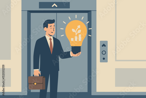 Businessman in elevator holding glowing lightbulb idea. Startup success concept with growth chart, plant. Innovation, investment, opportunity, career advancement, elevator pitch metaphor for progress.