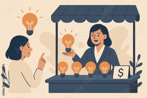 Innovative Ideas Marketplace: Woman Selling Bright Light Bulb Ideas to Customer for Investment. Concept of Intellectual Property, Business Innovation, and Creative Solutions Exchange.