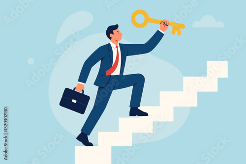 Businessman climbing stairs towards a golden key, symbolizing the key to business success, career growth, and achievement. Opportunity, motivation, and solution vector illustration.